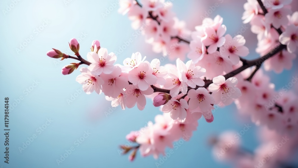 Vibrant cherry blossoms against a soft blue sky, ideal for springtime and floral themes. Vibrant cherry blossoms against a soft blue sky, ideal for springtime and floral themes.