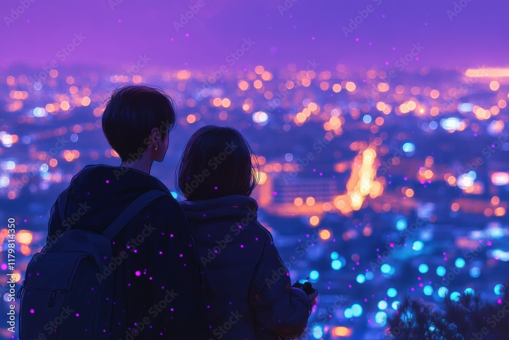 Obraz premium A couple exploring a beautifully illuminated city at night. A couple strolling through a vibrant city at night, captivated by its colorful lights and romantic energy.