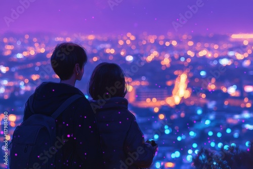 A couple exploring a beautifully illuminated city at night. A couple strolling through a vibrant city at night, captivated by its colorful lights and romantic energy.