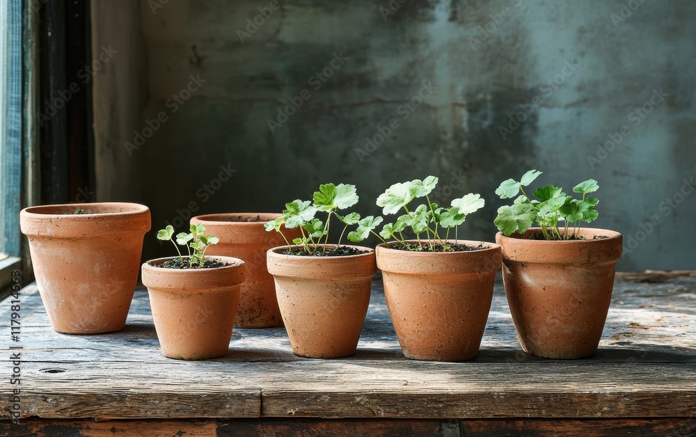A set of terracotta pots with small green seedlings, placed on a rustic wooden table with sunlight streaming in A set of terracotta pots with small green seedlings, placed on a rustic wooden table with sunlight streaming in