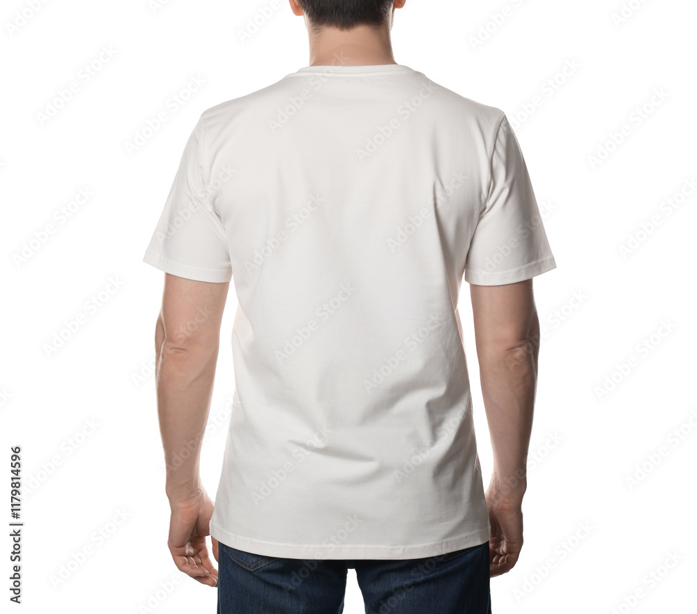 Man in blank t-shirt on white background, back view. Mockup for design Man in blank t-shirt on white background, back view. Mockup for design