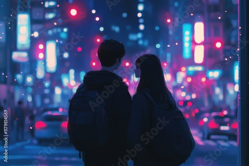 A couple exploring a beautifully illuminated city at night. A couple wandering through a glowing city at night, discovering its charm under the twinkling lights.