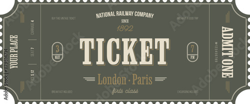 Nostalgic ticket template on olive background with gold accents in vintage style. For sightseeing itineraries, retro parties, clubs and other projects. Just add your text. Vector, printable.