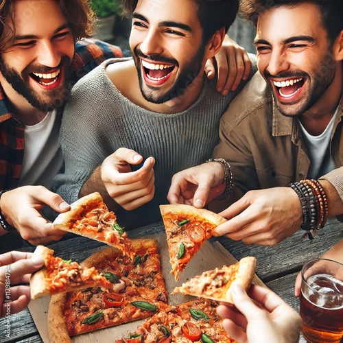 Friends sharing a pizza – A close up of hands reaching for piz photo