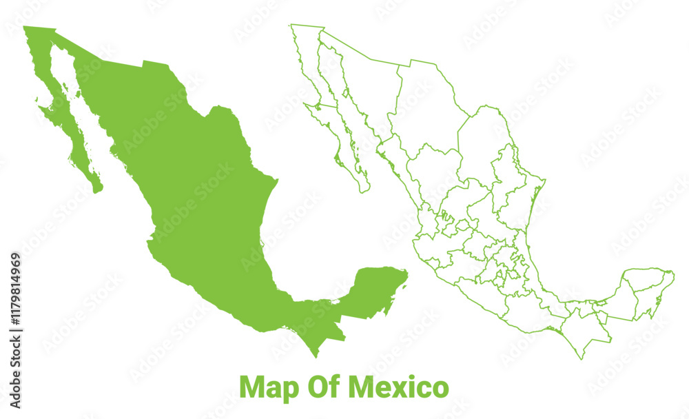 Fototapeta premium Green Mexico map outline and flat vector illustration