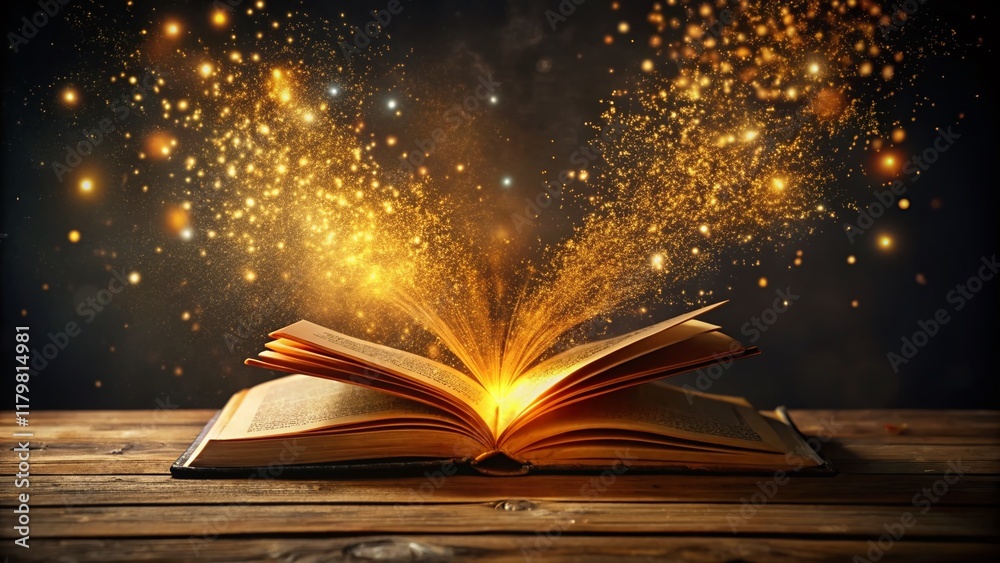Magical Golden Book with Dust Particles - Fantasy Literature Concept Magical Golden Book with Dust Particles - Fantasy Literature Concept