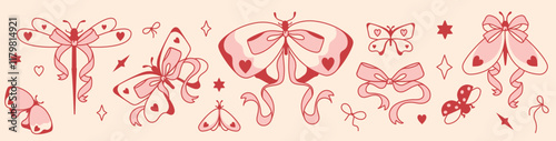 Coquettish set of butterflies, moths, and bows in soft pink hues. Romantic feminine collection. Wide border with insects, aesthetic girly bows and elegant charming ribbons