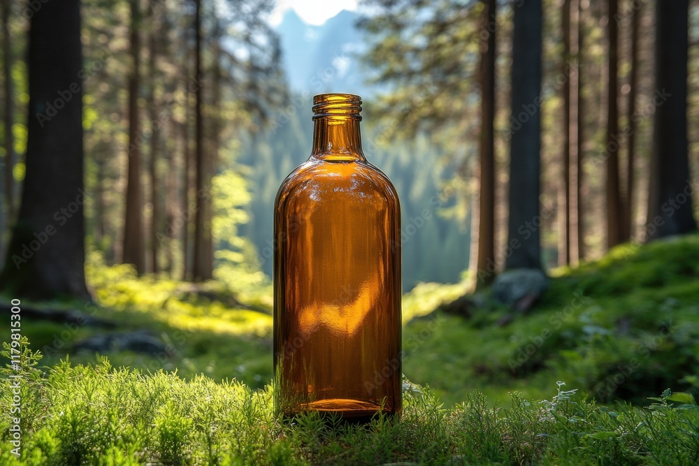 Amber Glass Bottle Surrounded by Lush Forest Landscape Amber Glass Bottle Surrounded by Lush Forest Landscape
