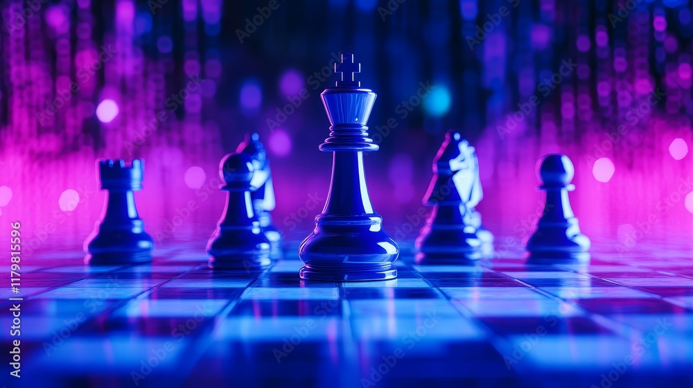 Strategic Chess Game Under Neon Lights - Concept: Strategy, competition, victory, challenge, leadership.  A blue chess king dominates the board under vibrant neon lighting.