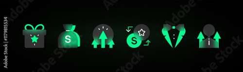 Realistic glassmorphism green UI icons set. 