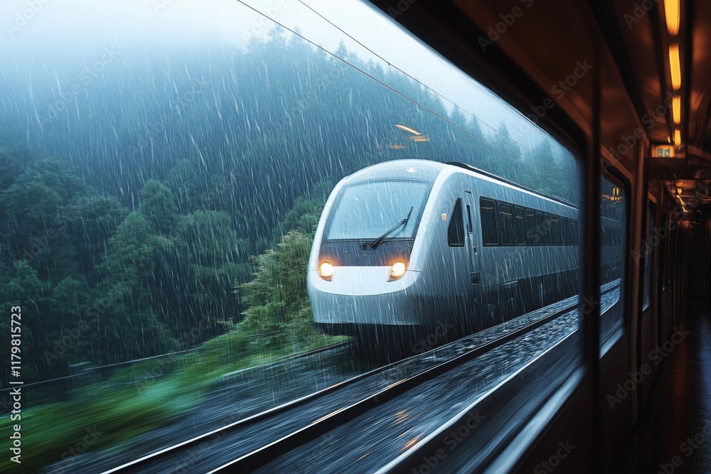 Naklejka premium Modern high-speed train is traveling through a forest during heavy rain, as seen from the window of another train, creating a dramatic and captivating scene