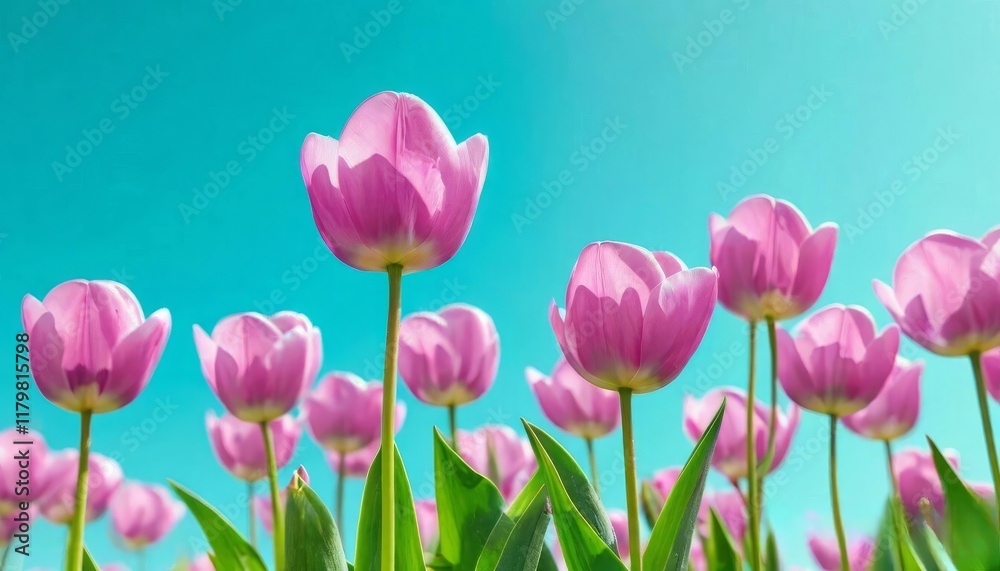 Fototapeta premium tulips with rich green leaves and a warm abstract blue background