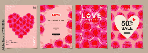 Happy Valentines Day banner for social media posts, poster, banners, sale promotion, marketing, and card design. Rose flower backgrounds, lovely patterns made up of roses.