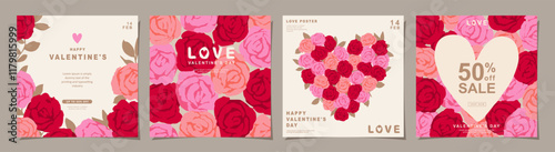 Happy Valentines Day banner for social media posts, poster, banners, sale promotion, marketing, and card design. Rose flower backgrounds, lovely patterns made up of roses.