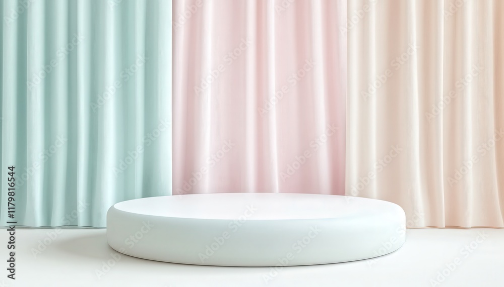 Pastel Drape Backdrop with White Cylinder Display Stand Pastel Drape Backdrop with White Cylinder Display Stand