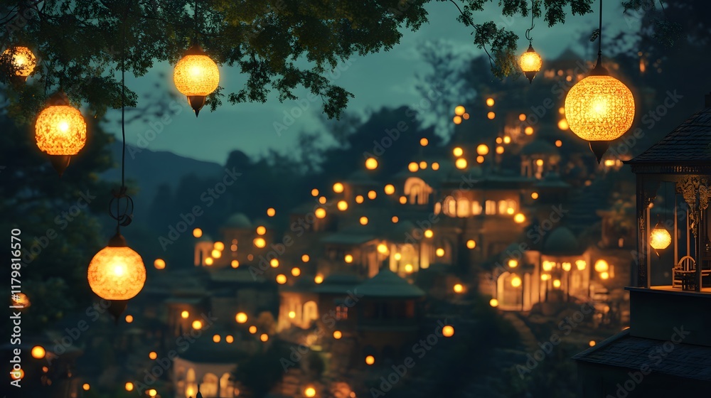 Naklejka premium Amazing glowing Ramadan lanterns, peaceful night atmosphere with beautiful village views