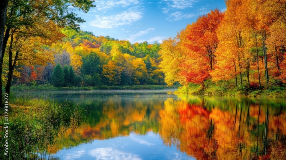 Autumn lake reflection, vibrant foliage, calm morning, scenic hills, fall travel Autumn lake reflection, vibrant foliage, calm morning, scenic hills, fall travel