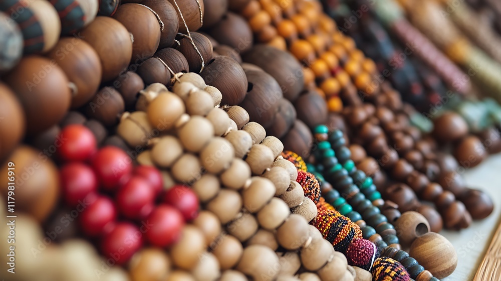 A neat display of wooden beads with a string ready for crafting A neat display of wooden beads with a string ready for crafting