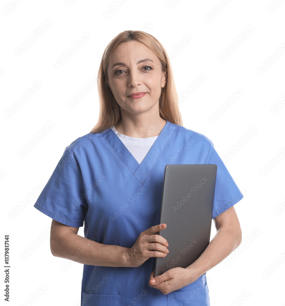 Portrait of doctor with laptop on white background Portrait of doctor with laptop on white background