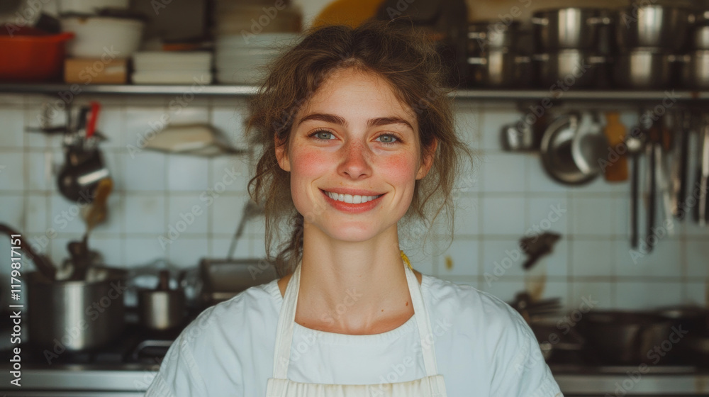 smiling woman in kitchen, wearing apron, surrounded by cooking utensils and pots. Her cheerful expression conveys warmth and passion for cooking smiling woman in kitchen, wearing apron, surrounded by cooking utensils and pots. Her cheerful expression conveys warmth and passion for cooking