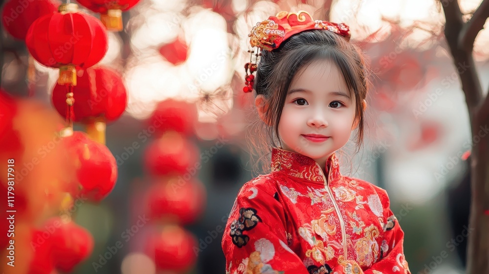 Charming Young Girl in Traditional Red Chinese Attire Surrounded by Lanterns During Festive Lunar New Year Celebration Charming Young Girl in Traditional Red Chinese Attire Surrounded by Lanterns During Festive Lunar New Year Celebration