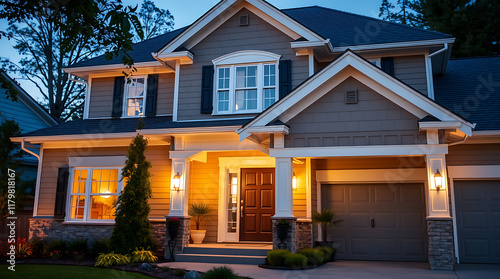 Two-story house at dusk  illuminated interior.  Tan siding  dark roof  large windows  double garage doors.  Landscaping visible.