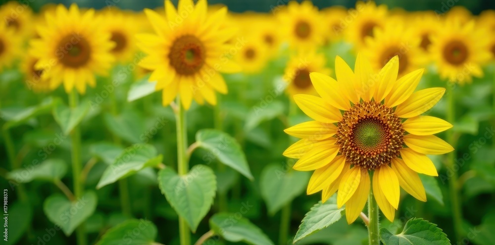 Bright yellow sunflowers in a field of tall green stalks, sunflowers, garden Bright yellow sunflowers in a field of tall green stalks, sunflowers, garden