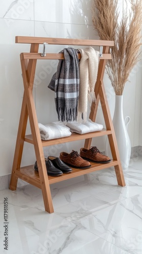 A fashionable wooden shoe rack adorned with various accessories is showcased in a contemporary entryway, illuminated by natural daylight