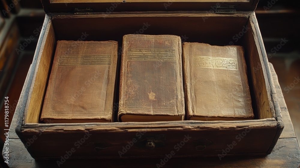 Obraz premium Antique Wooden Box with Old Leather-Bound Books Inside
