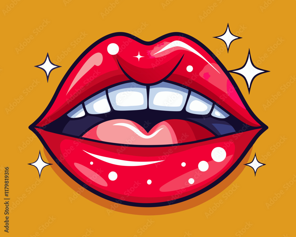 Obraz premium Cartoon Red Lips with Glossy Lipstick and White Teeth – Bold and Glamorous Beauty Illustration