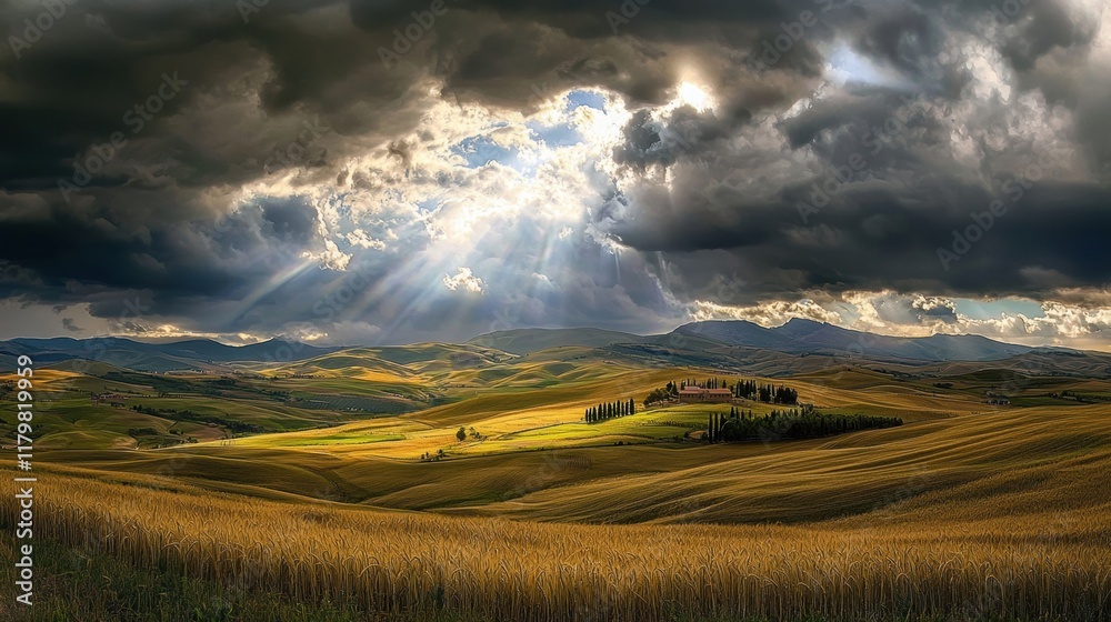 Obraz premium Golden wheat fields under a dramatic cloudy sky with rays of sunlight breaking through, HDR wide-angle