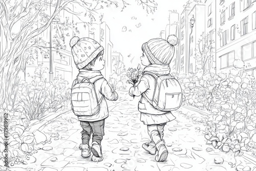 Children Dressed up with Flowers Go to School Roadway Sketch: A sketch of children dressed with flowers, heading to school on a roadway. photo