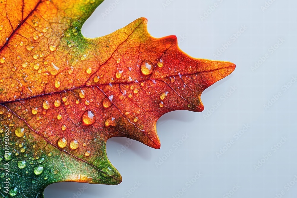 Vibrant Autumn Leaf with Dew Drops on Neutral Background Vibrant Autumn Leaf with Dew Drops on Neutral Background