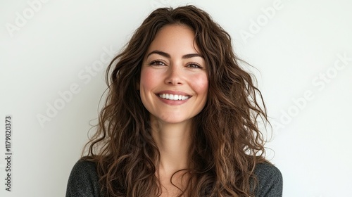 Beautiful brunette woman with long curly hair laughing joyfully, captured in front of a white background
