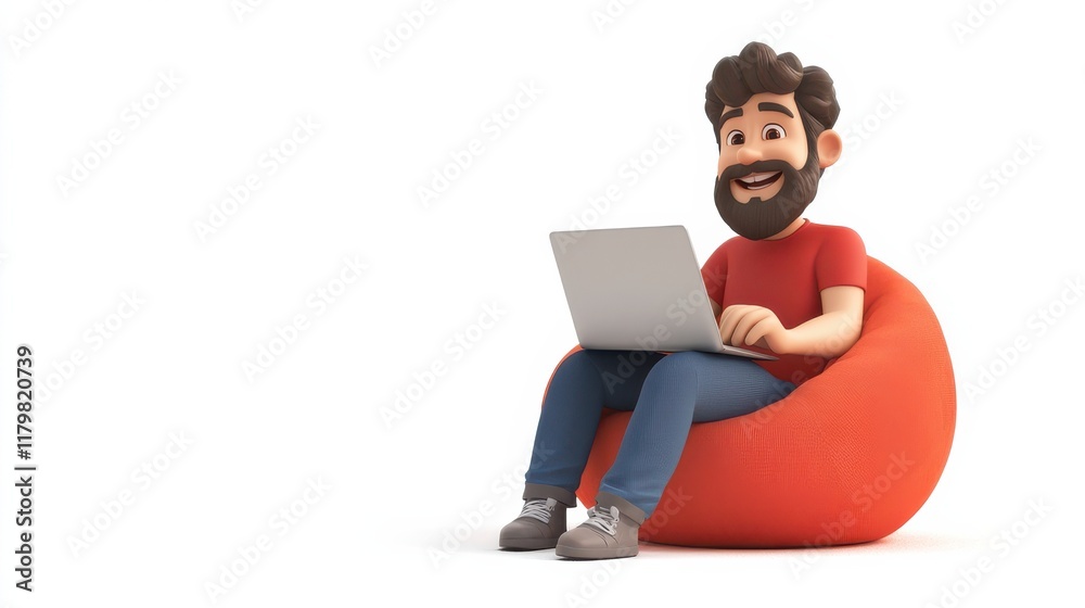 Smiling 3D cartoon man working on laptop sitting on an orange beanbag against a white background with copy space. Smiling 3D cartoon man working on laptop sitting on an orange beanbag against a white background with copy space.