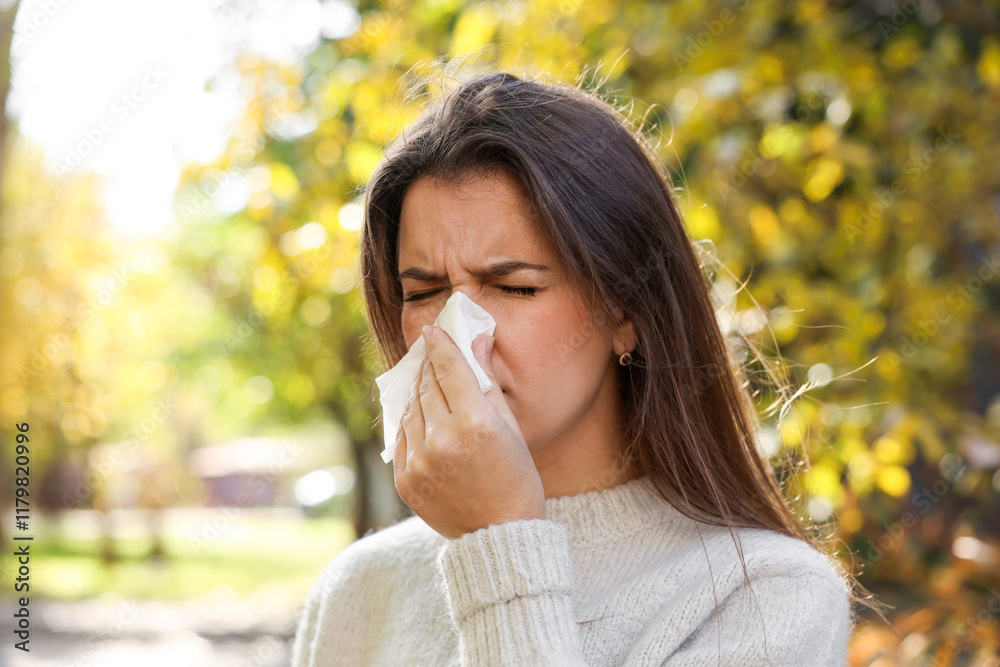 Young woman with runny nose in park Young woman with runny nose in park