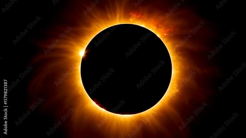 A total solar eclipse the glowing corona surrounding the dark silhouette of the moon, the solar flares, vivid contrast against a dark, star-filled sky, realistic lens flares, subtle gradient horizon.