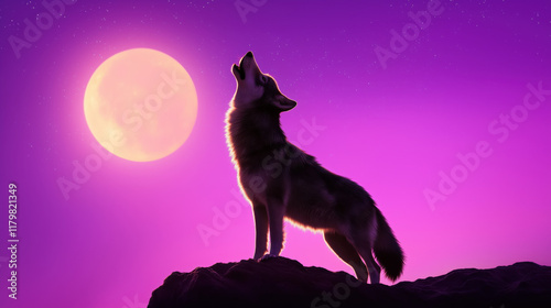 Wolf howling at moon on cliff with purple sky background. Wildlife animal nature photo