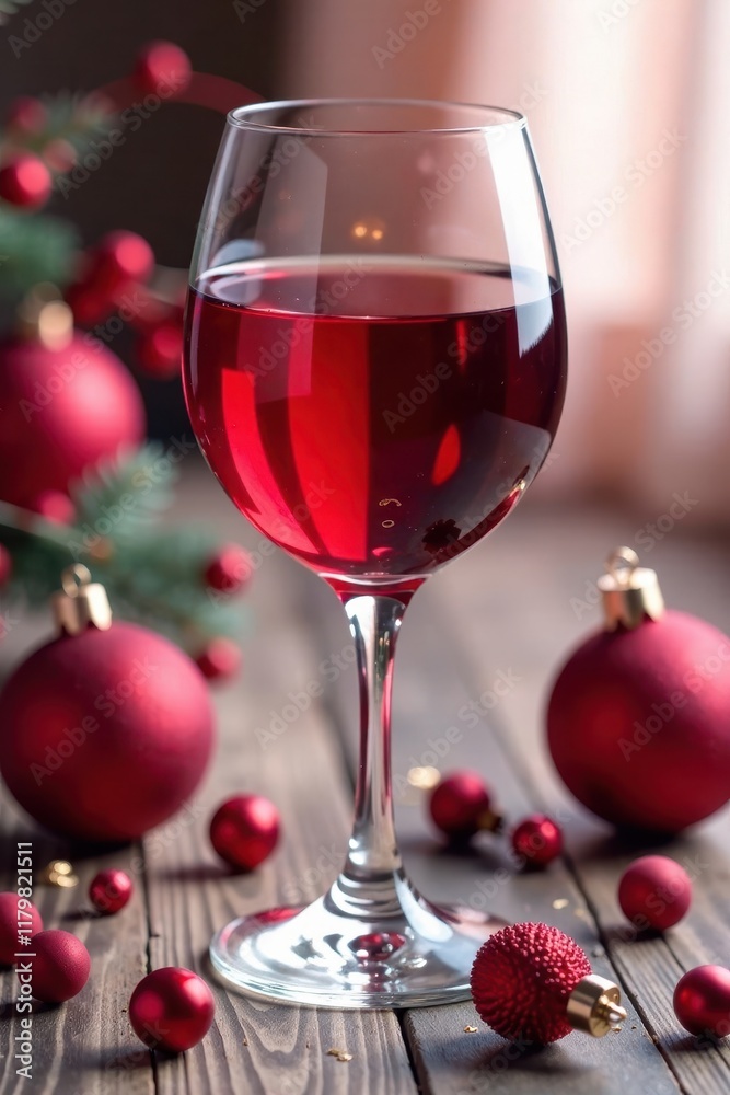 Ruby red wine in crystal glass, festive ornaments nearby , seasonal, winter Ruby red wine in crystal glass, festive ornaments nearby , seasonal, winter