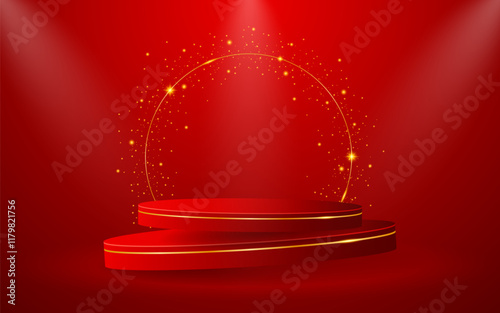 Red podium with a golden circle on the back for product presentation. Display of cosmetic products. Stage or podium. vector illustration	