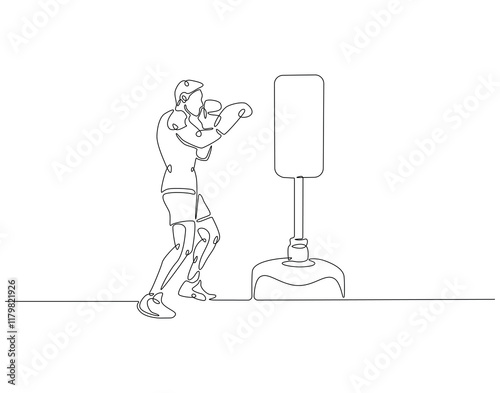 Continuous one line drawing of boxer hit punching bag. One line drawing illustration of boxer hitting heavy bag. Boxing, gym, training concept line art. Editable outline