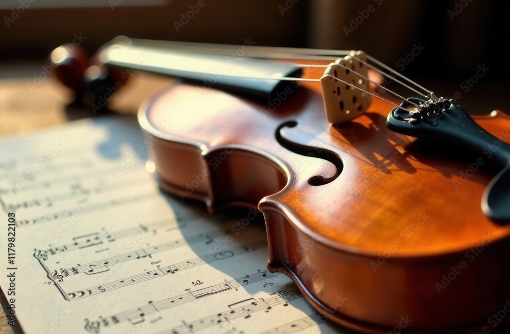 Fototapeta premium A beautiful violin rests gently on top of a carefully arranged sheet of music