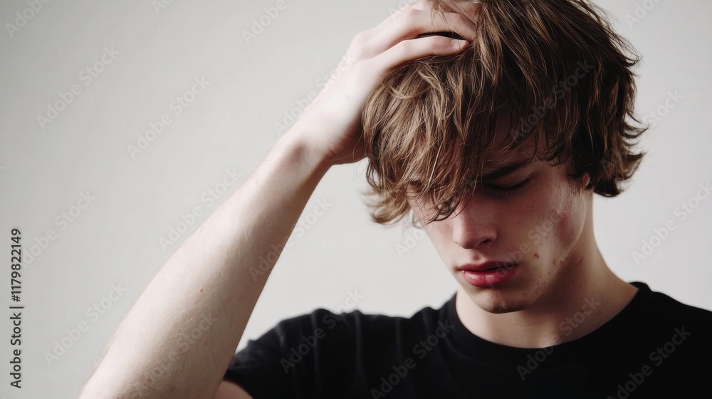 A young man with a distressed expression holds his head, showing signs of stress or headache against a neutral background. A young man with a distressed expression holds his head, showing signs of stress or headache against a neutral background.