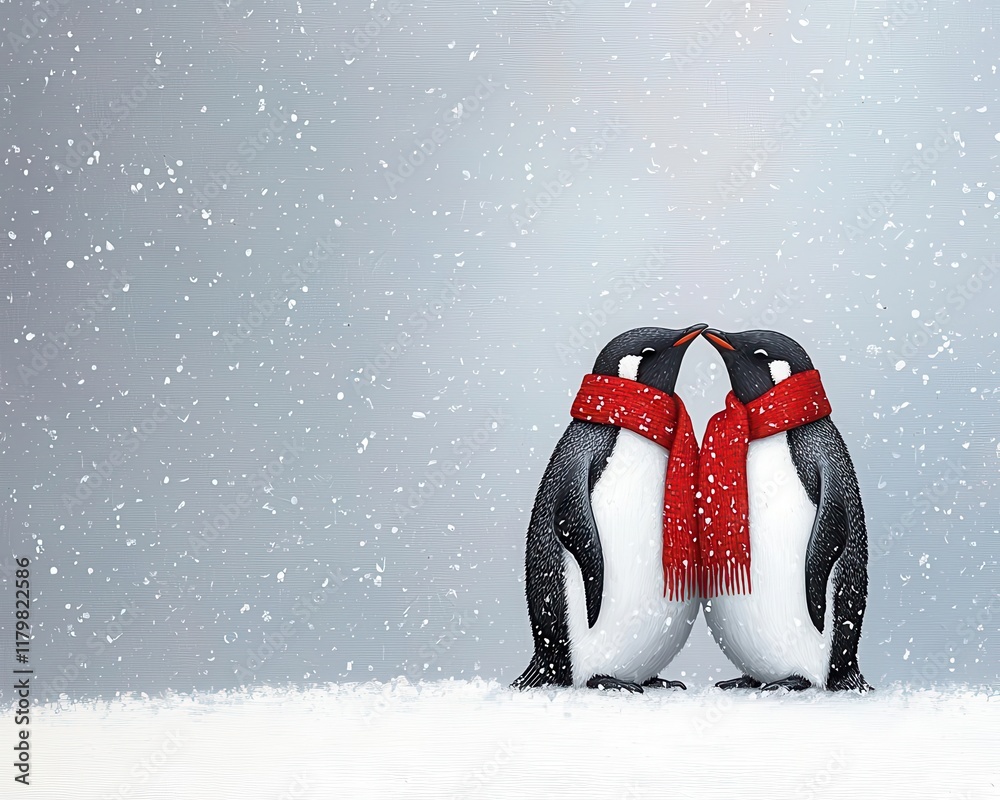 Acrylic painting of a pair of penguins sharing a red scarf in a snowy landscape, Valentines charm, winter romance, animal theme Acrylic painting of a pair of penguins sharing a red scarf in a snowy landscape, Valentines charm, winter romance, animal theme