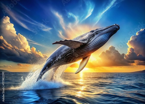 Majestic Baleen Whale Breaching Ocean Surface, Right Composition, Copy Space photo