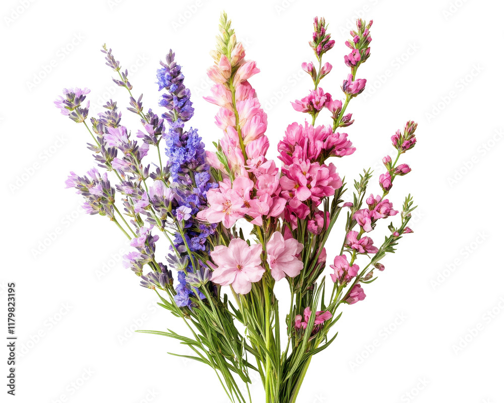 Obraz premium Colorful bouquet of pink, purple, and blue flowers, white isolate background.