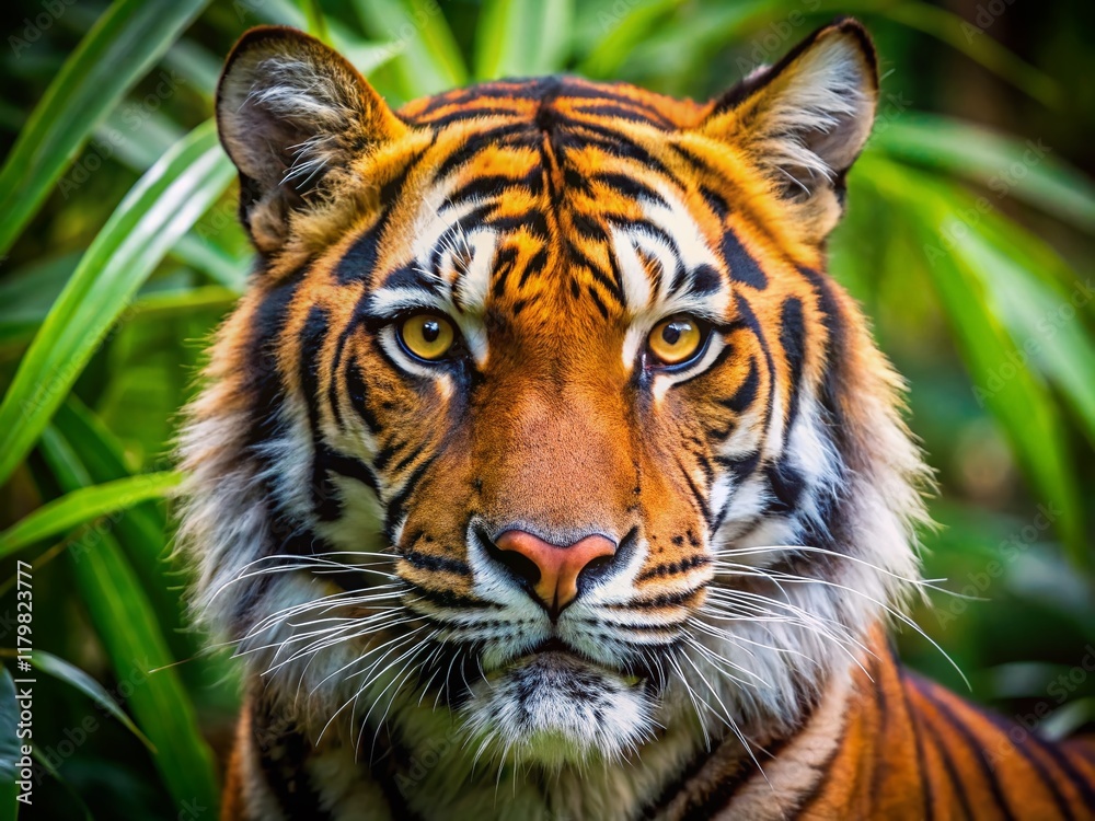 Majestic Bengal Tiger Close-Up with Lush Green Foliage Background Majestic Bengal Tiger Close-Up with Lush Green Foliage Background