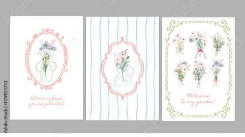 Collection of vintage-inspired floral compositions with oval frames and delicate backgrounds. Designed for elegant projects and artistic prints