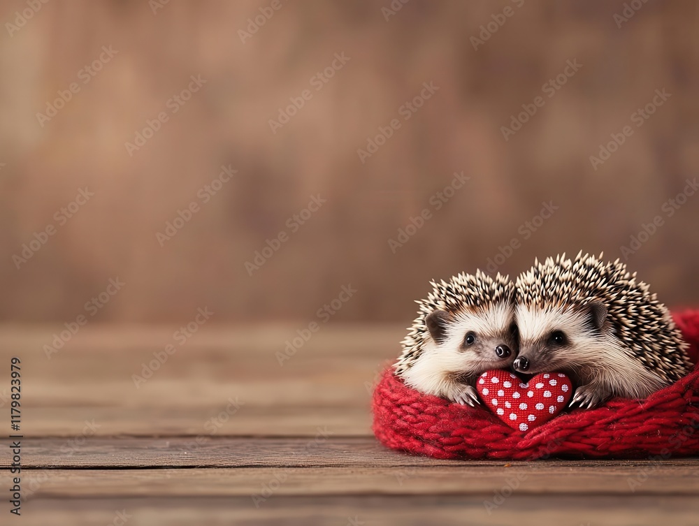 Obraz premium Two hedgehogs in a meadow, playfully tugging on a red scarf, Valentines fun, animal charm, acrylic joy