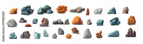 An illustrated collection of different rocks and stones in various shapes, sizes, and colors, ideal for nature, geology, and landscape design concepts. photo